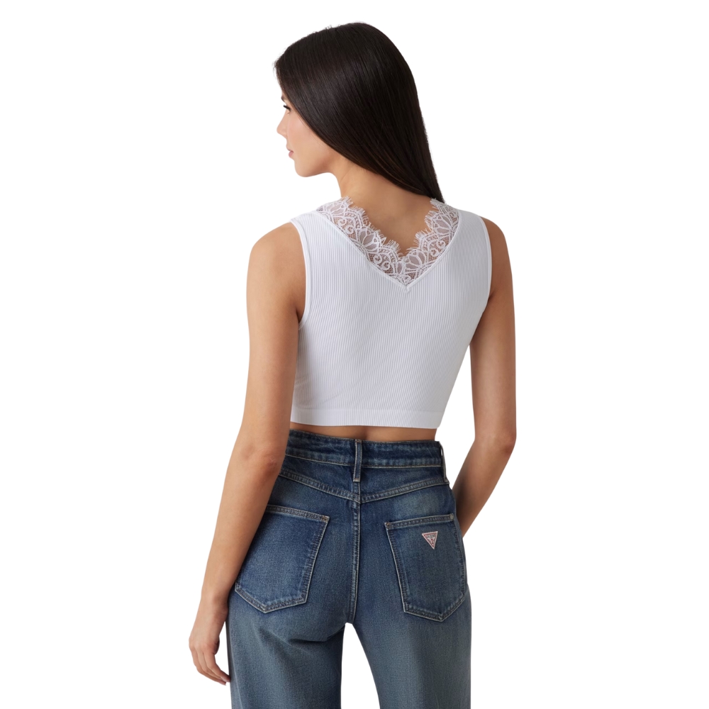 Top Guess cropped in maglia con pizzo senza cuciture