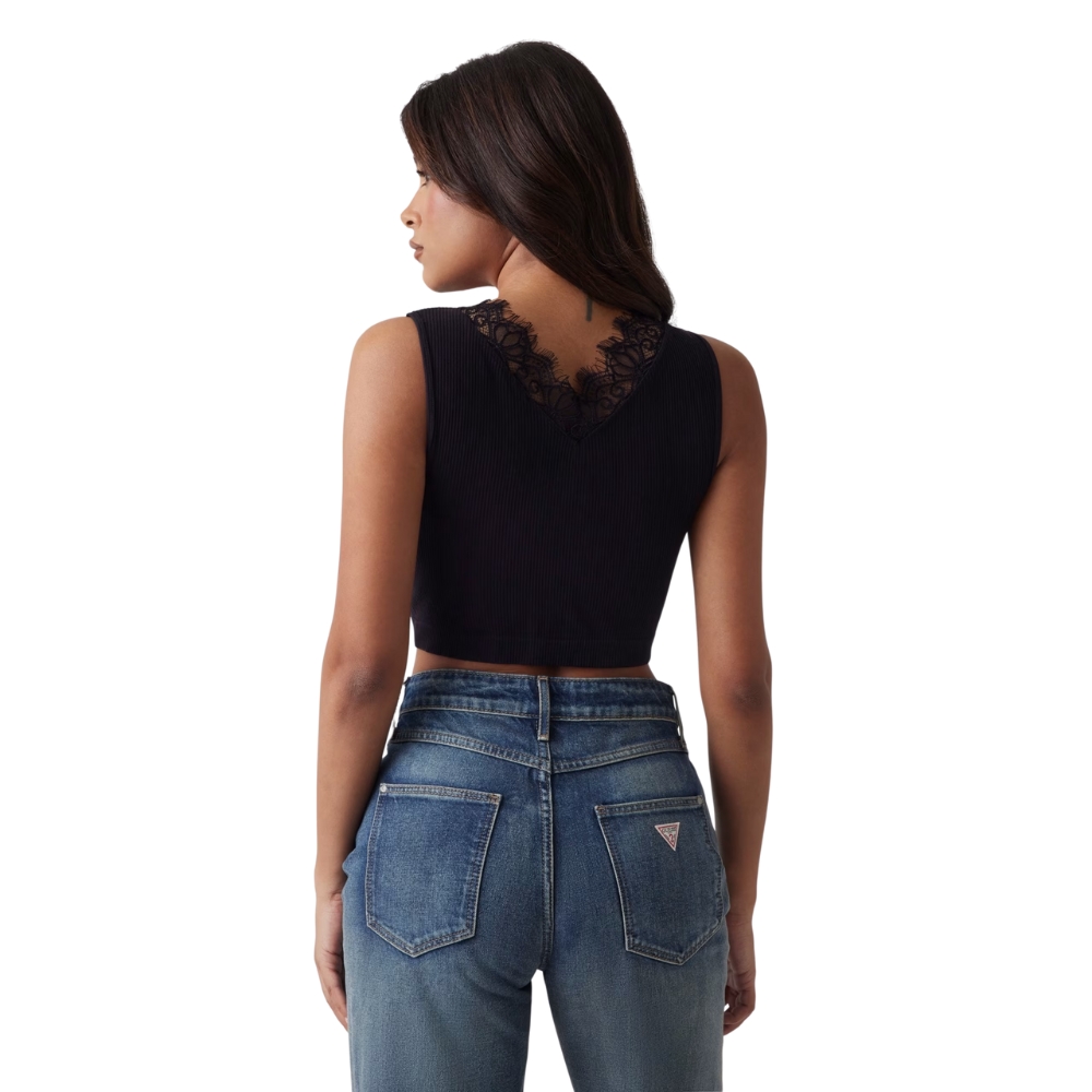 Top Guess cropped in maglia con pizzo senza cuciture