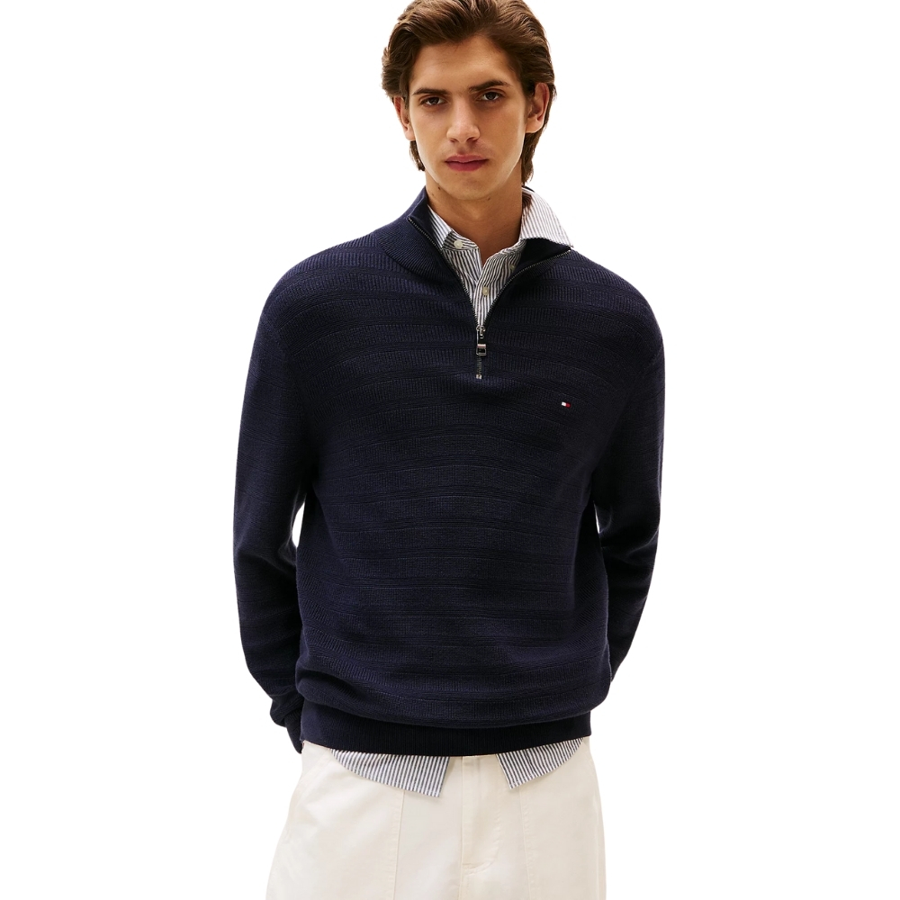 Pullover Tommy Hilfiger a righe tramate con mezza zip
