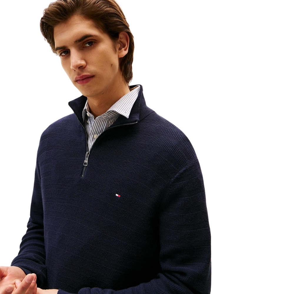 Pullover Tommy Hilfiger a righe tramate con mezza zip