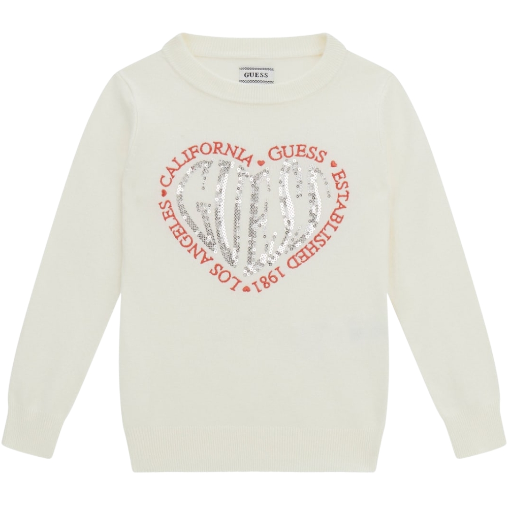 Maglione Guess con cuore paillettes e scritta rossa