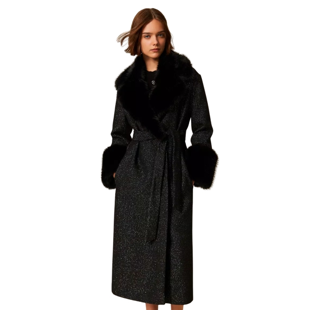 Cappotto Lungo Twinset in panno con faux fur