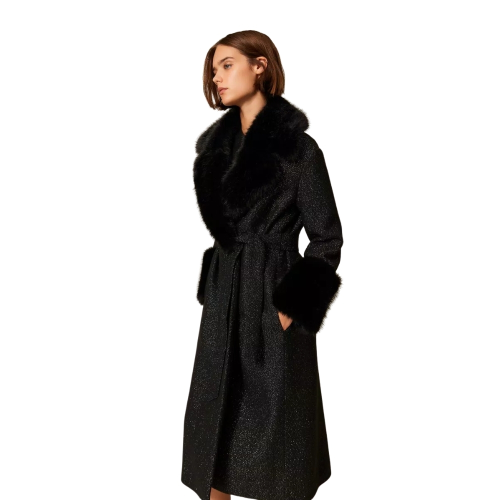 Cappotto Lungo Twinset in panno con faux fur