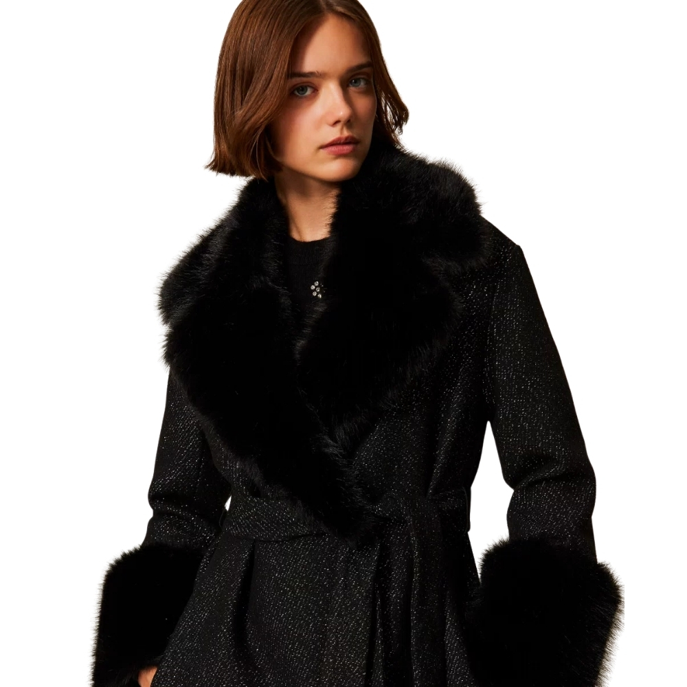 Cappotto Lungo Twinset in panno con faux fur