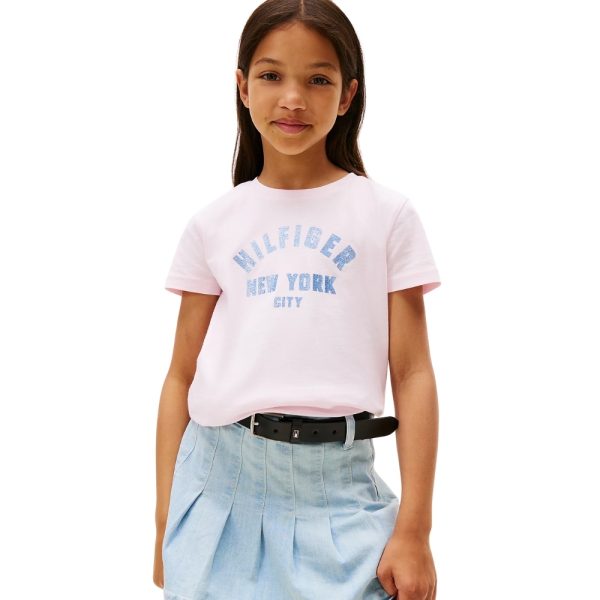 T-shirt Tommy Hilfiger junior con logo NYC curvo in glitter