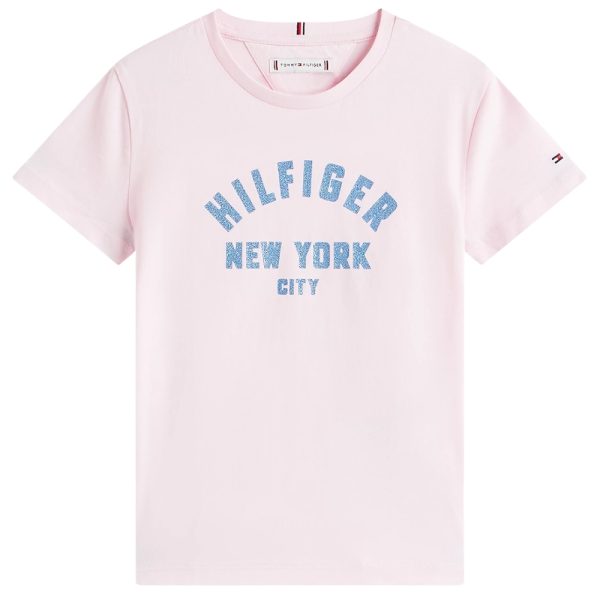 T-shirt Tommy Hilfiger junior con logo NYC curvo in glitter